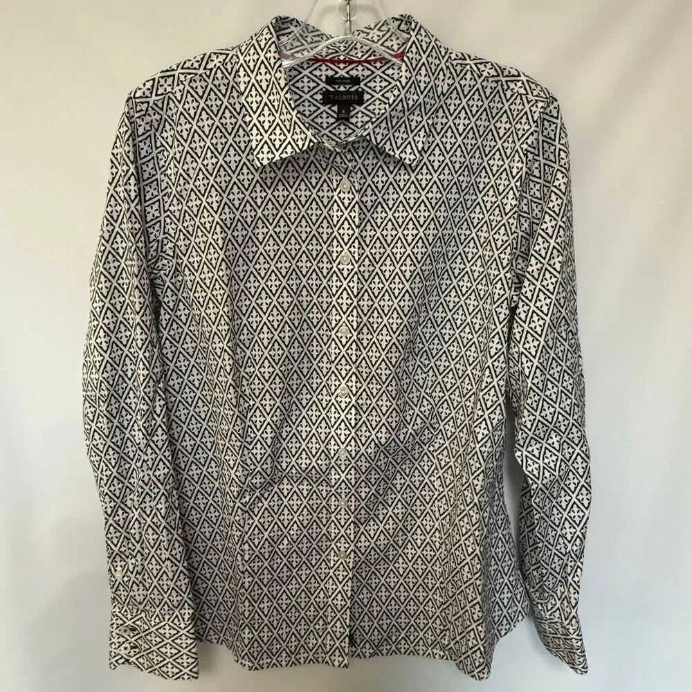 Talbots Women non iron black white diamond print long sleeve button front top si